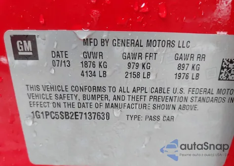 2014 Chevrolet Cruze 1Lt Auto z USA, uszkodzony, nr VIN 1G1PC5SB2E7137630